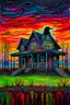 Placeholder: a psychedelic painting of a haunted house, a crow in the foreground