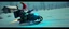 Placeholder: gnome hit man with rocket boots in suit on a mech sled in winter wasteland, style of fallout 4, high speed with motion blur