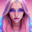 Placeholder: beautiful, soft, smiling face, whole head, long straight blonde hair blues eyes, crown on the head, clothing in transparent bluish and pink veil, background brillante bluish and pink, hight definition, 8K