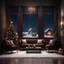 Placeholder: Hyper Realistic Dark Brown Living Room With Small Empty Wooden Frame & Fancy Velvet Furniture & Christmas Decoration at snowfall night from window view