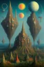 Placeholder: A surreal landscape with odd houses in Max Ernst style