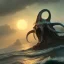 Placeholder: franz frazetta style, kraken on the sea, sunrise, open seas