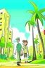 Placeholder: city palm trees old and boy walk cartoon