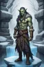 Placeholder: full body portrait of psionic ancient half elf half orc shaman thief in inviting pose on ice stone bridge, book cover