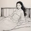 Placeholder: [An ink drawing on paper of Hotei] Dana lies on her bed, possessed by Zuul, she is waiting for the The Gatekeeper. she wears a transparent linen dress