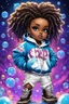 Placeholder: Create an colorful psychedelic comic book illustration of a chibi cartoon black female thick curvy wearing a cut of blue and white hoodie and white jeans and timberland boots. Prominent make up with long lashes and hazel eyes. Highly detailed shiny sister locs. Background of a large bubbles all around her