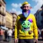 Placeholder: Ultra Realistic photo, medium shot view, drunken sweet jumper Spanish man, carnival scene, monster hair, steampunk style. Yellow hair, confeti, smile, happy, festival, ovnis, gradient color fog. highly detailed, concept art, unreal engine 5, ray tracing, RTX, lumen lighting, ultra detail, volumetric lighting, 3d, finely drawn, high definition, high resolution.