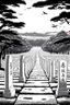 Placeholder: landscape, Japanese open air flat cemetery with thousand gravestones, high detail, manga style, grayscale