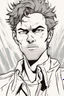 Placeholder: deranged young man with scruffy hair, stubble and a judgmental look on his face comic book style