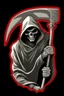 Placeholder: Grim-Reaper gripping scythe, vignette, black and white graphic novel style with a red outline, and black background,