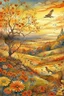 Placeholder: Art by joachim beuckelaer, Watercolor Vintage Style, vintage, full sunset, an ultra hd detailed painting of autumn, full moon, golden clouds, birds at the sky, decent wildflowers, orange and golden clouds, "art style that combines the elegance of line art with the vibrancy of watercolor wash. The artwork is highly detailed, with sharp focus and smooth transitions. The overall feeling is dynamic and highly polished, influenced by the works of Carne Griffiths, Wadim Kashim, an