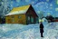 Placeholder: Old woman in front of small farmhouse. Winter. Van Gogh style