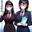 Placeholder: Clear focus, 8k, high quality, detailed, beautiful lighting, girl, vibrant colors, black hair, vibrant red eyes, office clothes, red glasses, holding pin, smile