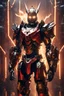 Placeholder: Dark Lord Evil mechanical robo warrior character, anthropomorphic figure, wearing futuristic mecha warrior armor and weapons, reflection mapping, realistic figure, hyperdetailed, cinematic lighting photography, 32k uhd with a golden staff, red lighting on suit, lightning thunder storm background