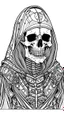 Placeholder: skeleton with hood tattoo, coloring book page, clean line art, adults drawing book, Black and white only, crisp black lines, sharp lines, coloring page for adults, black and white picture, lots of details, full body