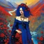 Placeholder: Art by Alice Rahon, Richard Burlet, Odilon Redon, Raymond Swanland, Andrey Remnev, Conrad Roset; Rebellious ravishing girl Rachel, regal in royal blue and ribuli, roaming through the radiant realm of the rainbow river valley with her ruby colored hair, meets a rare raven in a rolling hills of resplendent roses and rustling reeds, under a riotous reflective hues sky.