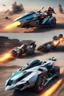 Placeholder: A combination of ultra-advanced car and crazy Max fighter, super sporty, with color and nano technology An advanced motorcycle with four wheels and a turbo jet in the back with rockets and machine guns,At war with humans