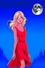 Placeholder: Blonde girl, white skin color, blue eyes, standing in the moonlight, handdrawn, red dress