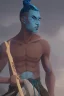 Placeholder: A young male water genasi with deep blue skin color, waterlike dreads on head. Shaolin monk with long stick weapon,