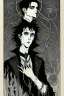 Placeholder: black haired young man necromancer wizard with gothic jewelry and tentacle fingers in the style of Harry Clarke