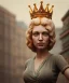 Placeholder: Statue of Queen of photography. Cute blonde woman. Photographer in golden crown. Standing on the street. Big camera in her hand. hyperdetailed, photorealistic, trending on artstation, greg rutkowski, beksinski, kodachrome