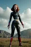 Placeholder: retro portrait image from 1960, sky background, wind, long red hair, fighting stance, sweet young Scarlett Johansson, black dress, classic long tight lycra black suit, gold bracelet and belt, high heel boots, superhero style, black widow, soft color, highly detailed, unreal engine 5, ray tracing, RTX, lumen lighting, ultra detail, volumetric lighting, 3d, finely drawn, high definition, high resolution.