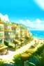 Placeholder: un barrio a orillas del mar azul y transparente, repleto de casas grandes y lujosas, edificios y negocios hecho de oro, vidrio y piedras preciosas. Con arboles, palmeras y flores y plantas tropicales, personas caminando en un día de mucho sol y de verano