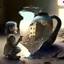 Placeholder: A teapot is shining and a laughing child is looking at it. The child’s image is reflected inside the teapot and behind the child is the reflection of a destroyed city.