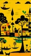 Placeholder: A yellow sky with floating islands designed in Javanese shadow puppets painted by Stuart Davis