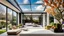 Placeholder: Beautiful modern luxurious minimal domestic living room, floor-to-ceiling sliding windows look out onto attractive flower gardens and fruit trees. Beautiful delicate roof-lantern adds extra daylight and view of the sky. Room is light, comfortable, peaceful, welcoming and tasteful. The home was recently the winner of a national architecture award. Afternoon, springtime, blue sky with small clouds.