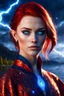 Placeholder: detailed blue eyes, female russian half elf, red sleek short lob hairstyle, detailed glowing ornamental magical pattern robe, glowing gem crackling with lightning implanted on robe, 8k, high detail, lake background, midnight, facing viewer, front facing