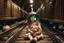 Placeholder: in a tunnel little girl is holding a teddy bear next to train tracks