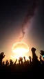 Placeholder: A field of random people rising hands up in a bright lighting , at the end of the picture the universe with stars sky background with a huge nuke explosion behind the explosion