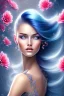 Placeholder: a beautiful woman with azure hair, happy, flowers, beautiful colors, very fine detail, high quality, mystical, romanticism, intricate,