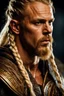 Placeholder: portrait of a 40 year old viking , long blond hair with Two braids hung down neatly in front of his ears. Rugged face with a scar. blonde beard, fantasy