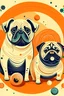 Placeholder: make a round-shaped art with one happy Pug and one Cat in orange color. At the bottom of the art I want a white stripe to write a name