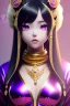 Placeholder: Detailed cute anime Kunoichi girl, sly, gold pupils shaped like hourglass, purple hair buns, purple bangs, black latex bodysuit, intricate details, full body portrait, keep head in frame, slight smile, black Japanese motif, concept art, highly detailed, digital painting, concept art, sharp focus, illustration, art by Yoji Shinkawa, WLOP and greg rutkowski and alphonse mucha and artgerm and yanjun Chen and Junji ito and Makoto Shinkai, HDR, octane render