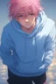 Placeholder: An androgynous young man with tousled pink hair and golden eyes floating among the stars wearing a light blue hoodie and black board shorts. He is smiling softly and holding a star in one hand.