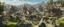 Placeholder: A busy surrealists market in beautiful sunny outdoor countryside scene with distant hills & fields, intricate dwellings, a clock-house, many pathways & stairways, walkways & bridges, waterfalls & a waterwheel : ultra high detail, photorealistic, epic cinematic, 8K, Large depth of field