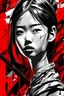 Placeholder: aesthetic, 2 tone, black and white, simplified shapes, figurative, style mix of acrylic painting, watercolor, oil painting, photography, digital art, brush strokes, dark red color pop, a gorgeous young asian girl, highly detailed , ultra detailed, very intricate, low poly, abstract surreal, Kanji , Katakana , niji style, graffiti style, comics style, anime style