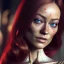 Placeholder: pale woman with gagball covered with blood, olivia wilde face!!!, red hair, skeleton tattoo!, ultra realistic, concept art, intricate details, highly detailed, 4 5 mm. photorealistic, octane render, 8 k, unreal engine. film still, heavy grain, 3 5 mm, art by artgerm and greg rutkowski and alphonse mucha