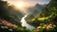 Placeholder: mountain valley, tropical forest, river, flowers, sunset, soft beams of light, soft shadows,