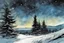 Placeholder: pine tree at night, snowflakes, A soft-focus image of stary night sky casting a warm glow, desert at night, create in inkwash and watercolor, in the comic book art style of Mike Mignola, Bill Sienkiewicz and Jean Giraud Moebius, highly detailed, gritty textures,