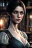 Placeholder: A female breton barmaid from Skyrim with light blue eyes, brunette, melancholic, wholesome, sad