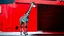 Placeholder: a painting of a giraffe standing in front of a building with red and black, a raytraced image, video art, digital horse, projection mapping, colorkey scene, still from a music video, mirrors edge art style, red and cinematic lighting, animated cinematography, volumetric lighting. red