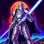 Placeholder: 90's retro fantasy art of a heroic space knight with laser sword