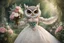 Placeholder: an anthropomorphic, owl bride happily throwing a bouquet in a beautiful garden. The owl has fluffy feather in shades of light brown and grey with distinct tabby markings on its face. Its large, expressive eyes are a deep emerald green and it has a small, pink nose. The owl is wearing embroidered white lace bride dress, tulle, gemstones, pearls, adorning the hem and bodice. Behind her, a celebrating crowd, owls and people dressed in elegant clothes, wedding food and cake on the tables. Behin