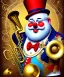 Placeholder: happy old friendly fat clown with round head and trimmed beard playing jazz with a steampunk theme, trumpet, circus, realistic