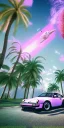 Placeholder: 1980's aesthetic vaporwave palm trees and spheres and Porsche with lightning on fish eye filter