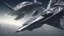 Placeholder: a photorealistic sleek silver spaceship flying over a futuristic ruined city